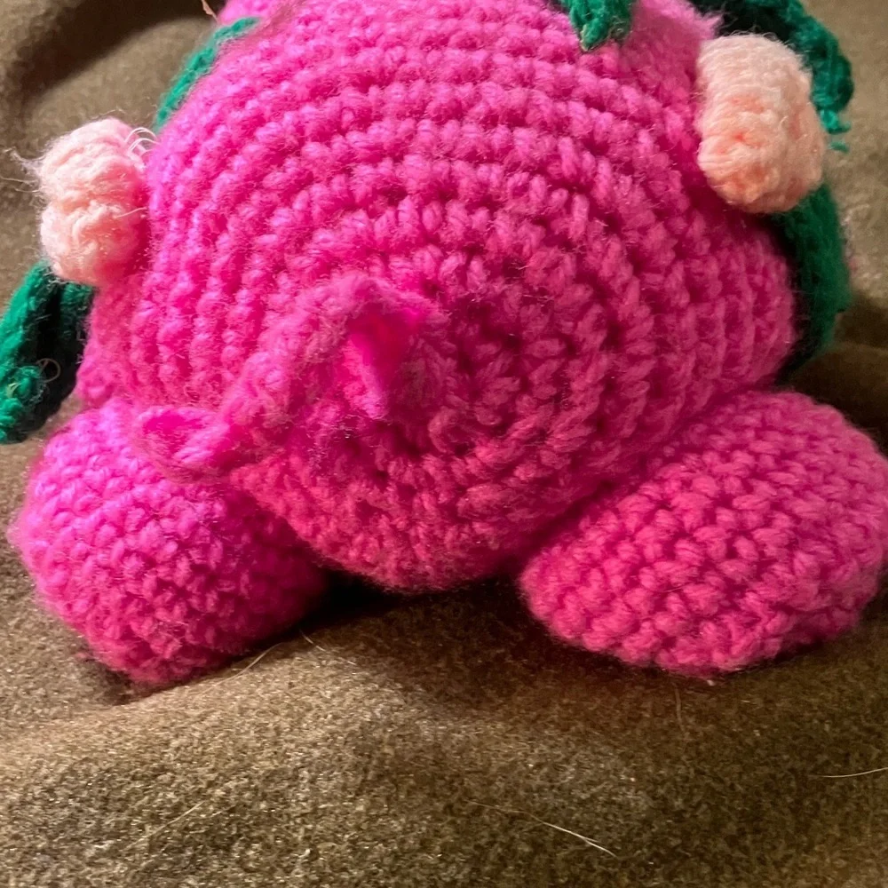 Hand knit bubblegum Pink pig with google eyes